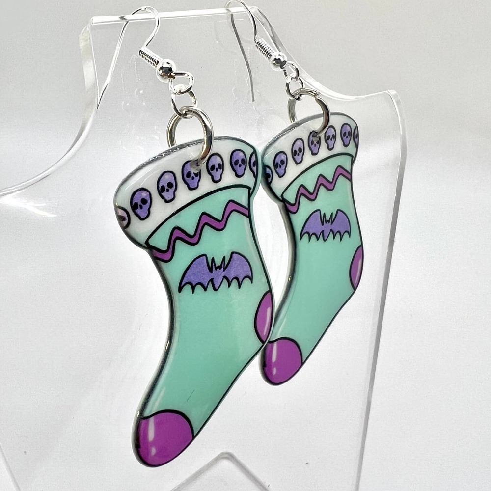 Christmas Earrings - Pastel Blue Halloween Themed Christmas Stocking Earrings - Picture 2 of 7